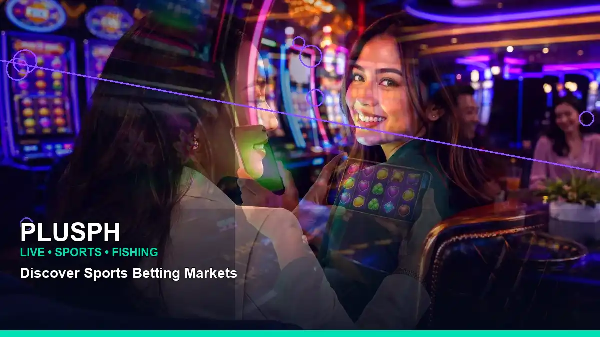 PLUSPH slot-game artwork with free-spin imagery and an adult Filipina host in a left-diagonal layout