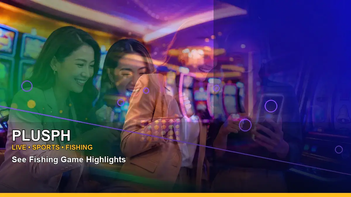 PLUSPH esports information page visual with a right-diagonal burst effect and free-spin slot-game artwork for Philippine adults aged 21+